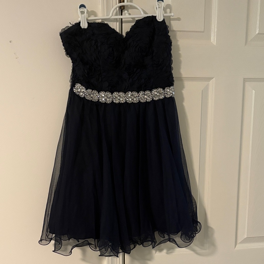 Elegant Navy Blue Teen Dress with Floral Details